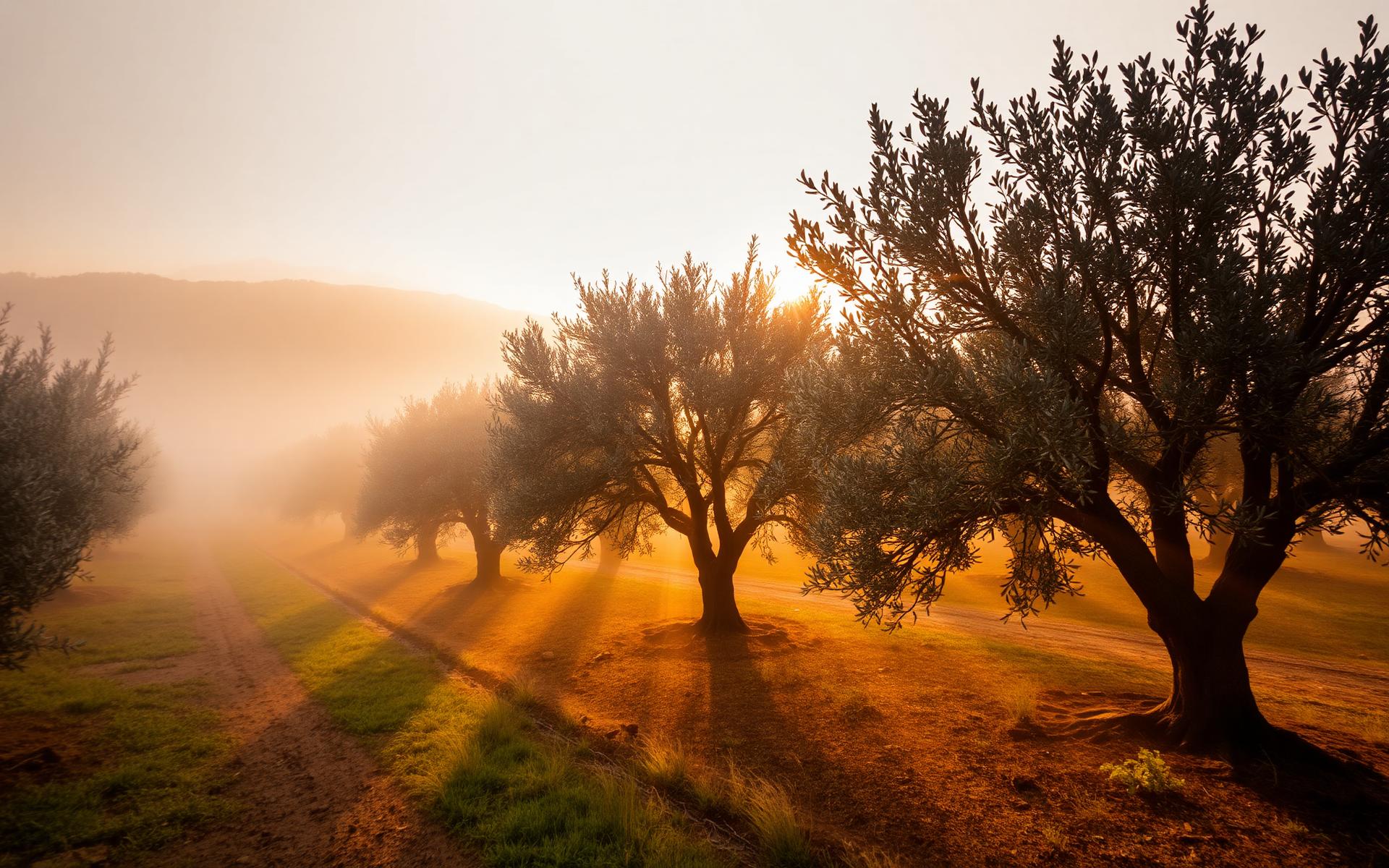 Olivar castellano al amanecer con luz cálida